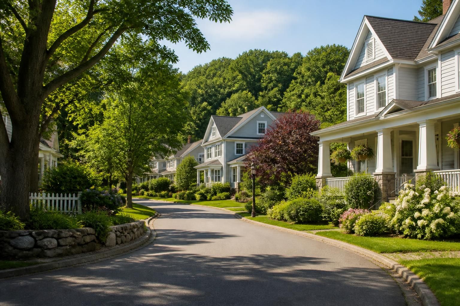 Village neighborhood with homes, trees, and visible rooflines.