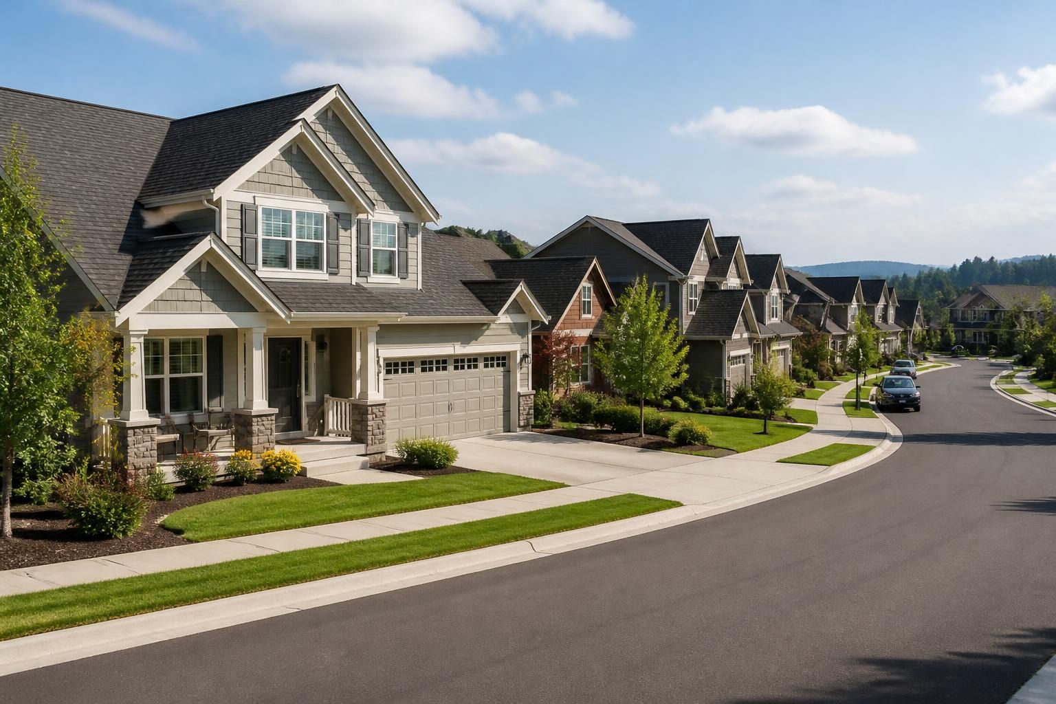 Suburban city neighborhood with attractive houses and visible rooftops.