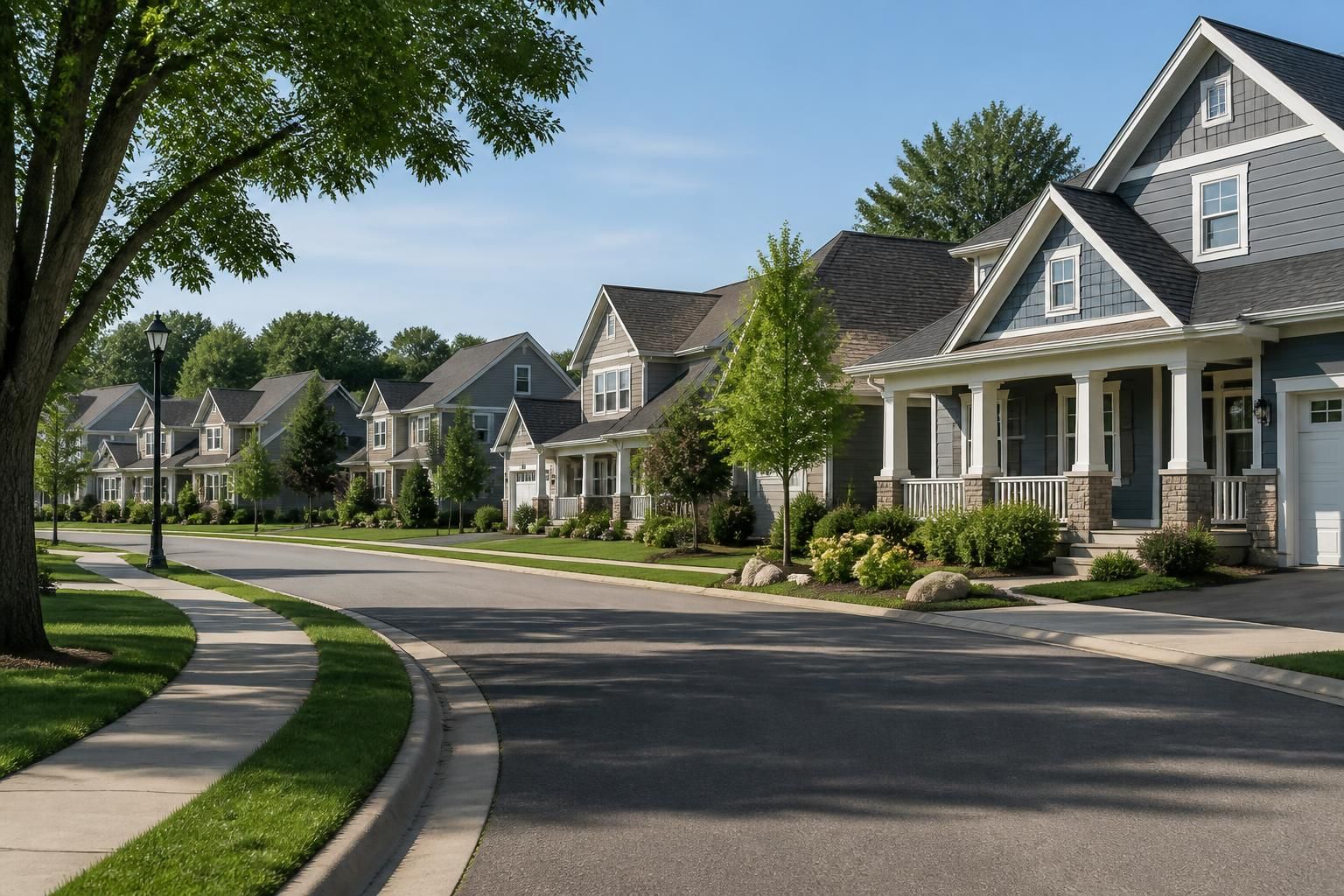 Local neighborhood with neat homes and clean residential rooflines.