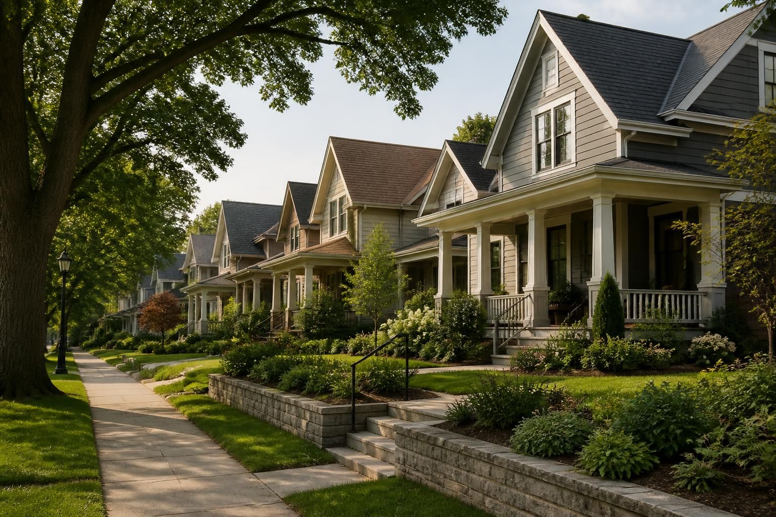 Urban-residential neighborhood with well-kept homes and strong rooflines.