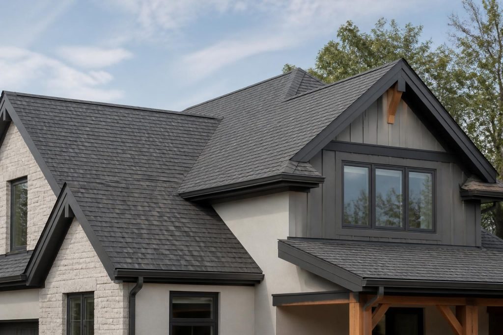 Newly completed residential roof with clean lines and natural daylight.