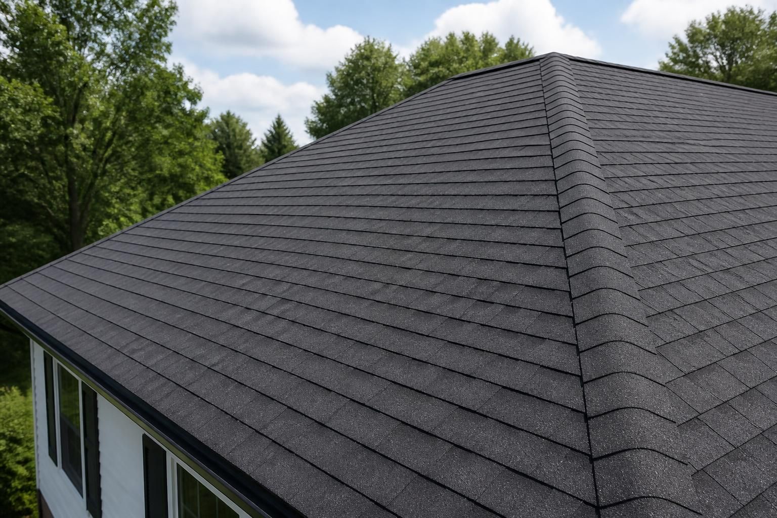 Fully replaced residential roof with crisp finished shingles.