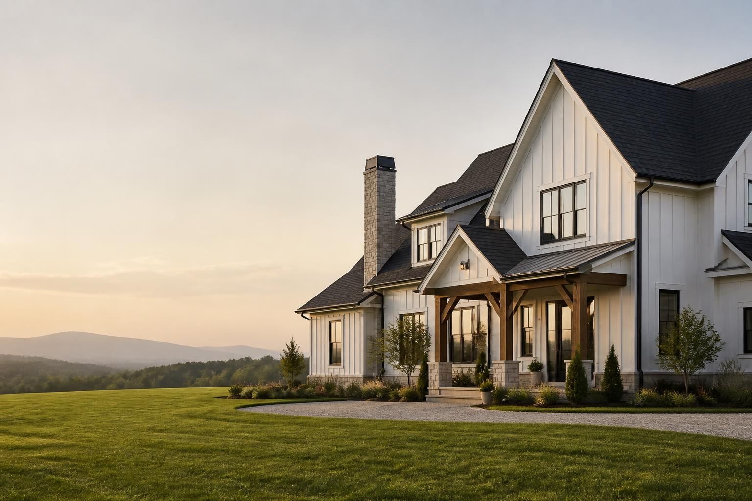 Finished home exterior with a strong roofline and open space.
