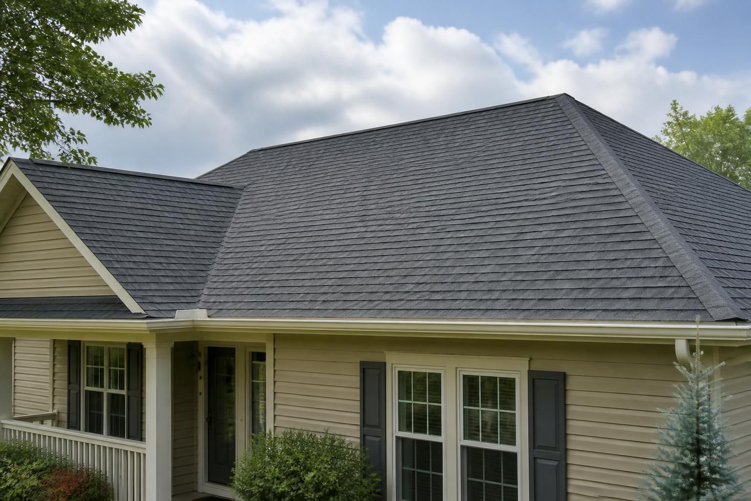 Repaired roof showing clean finished storm damage restoration.