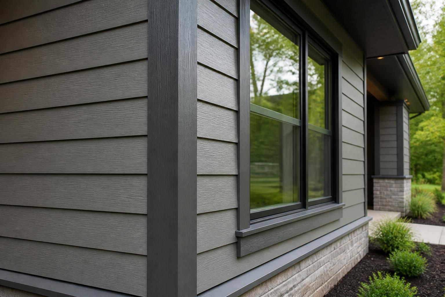 Freshly installed siding with clean trim on a modern home exterior.