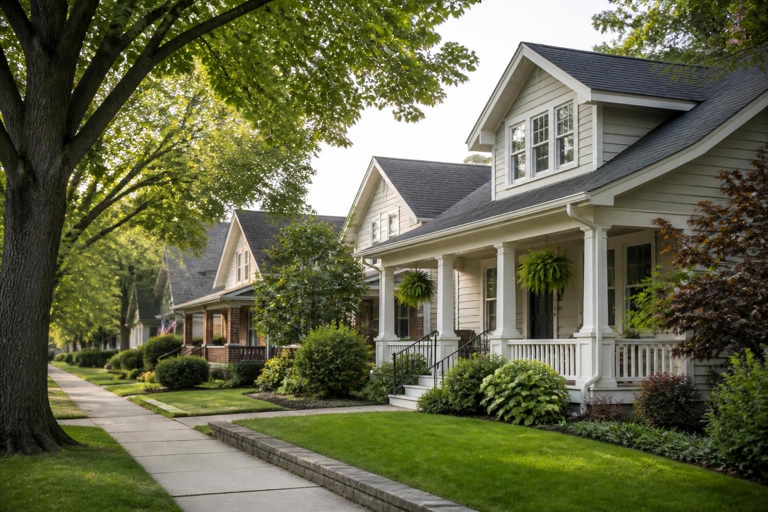 Small-city neighborhood with attractive homes and clean rooflines.