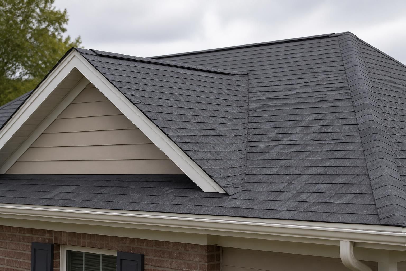 Storm-damaged roof restored to a clean finished condition.