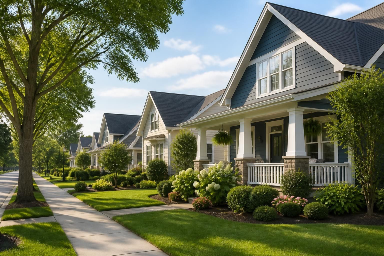 Residential street with tidy homes, yards, and prominent rooflines.