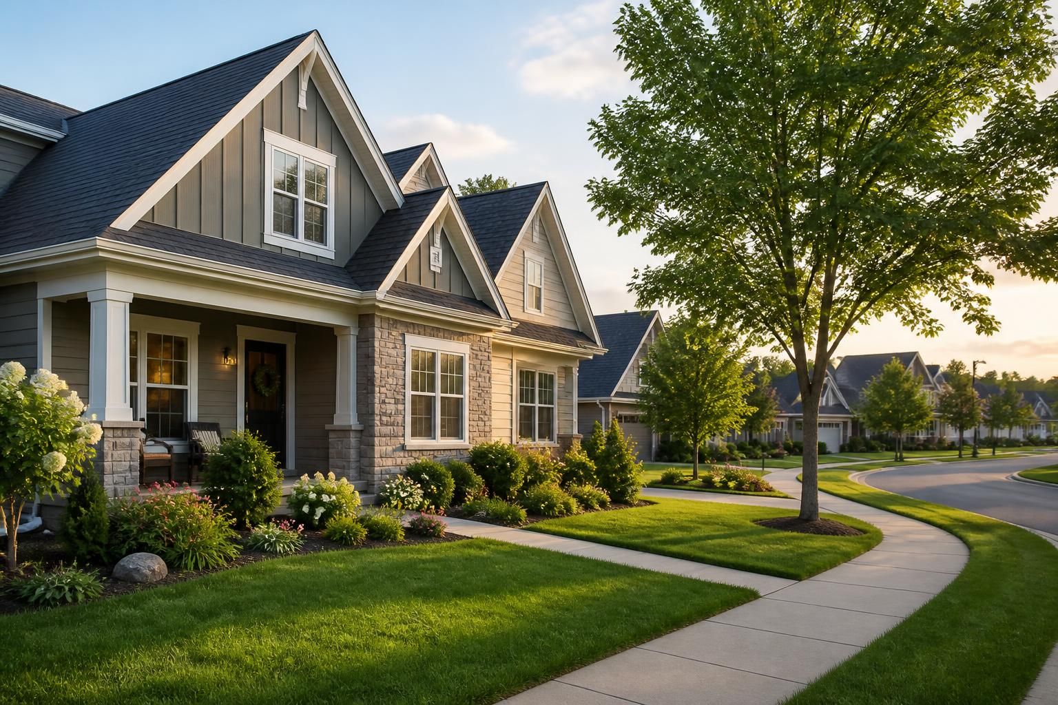 Welcoming suburban neighborhood with well-kept homes and pitched roofs.